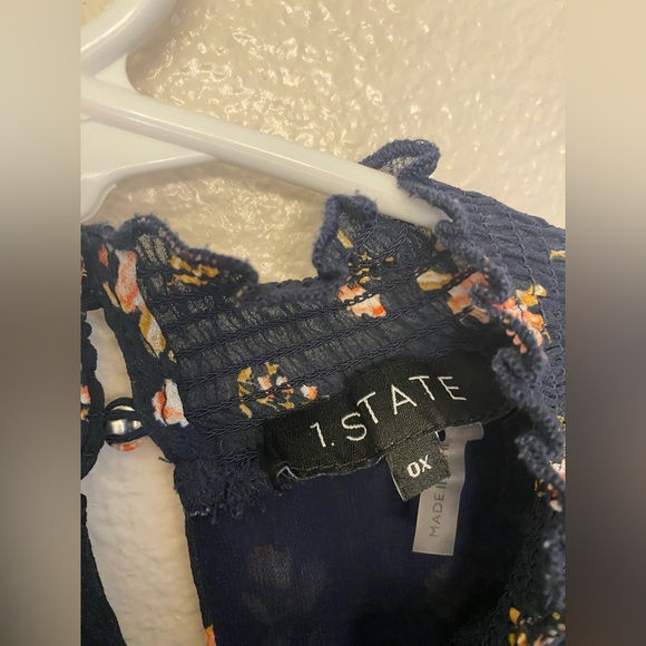 Micro Floral Print Smocked Mock Neck Blouse modest navy plus size 0X - Picture 7 of 7